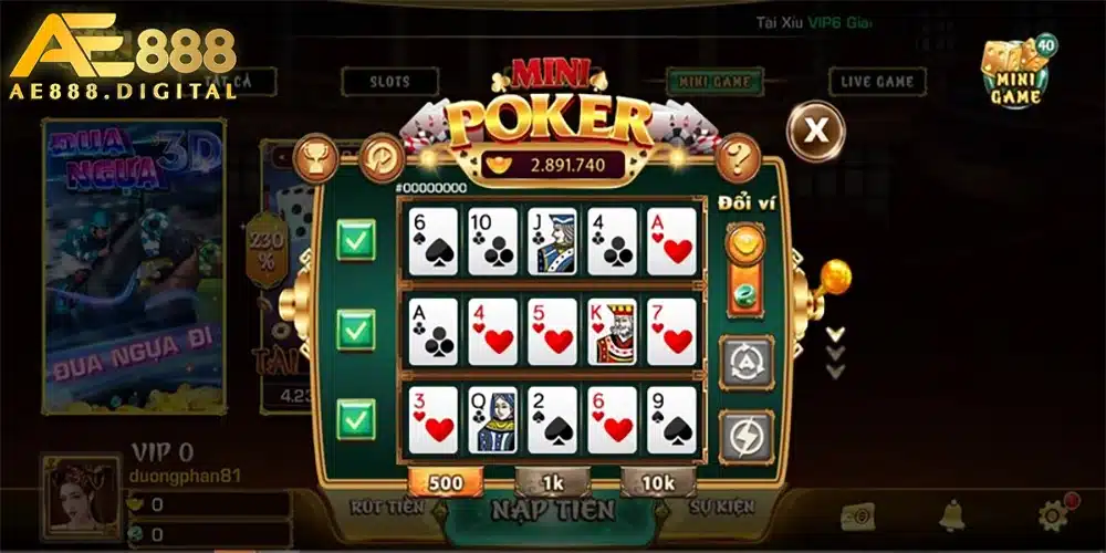 Mini Poker luôn là một trong những tựa game hấp dẫn bậc nhất đối với cộng đồng người chơi game nổ hũ trực tuyến bởi sự kết hợp hoàn hảo giữa các yếu tố may rủi và chiến thuật.