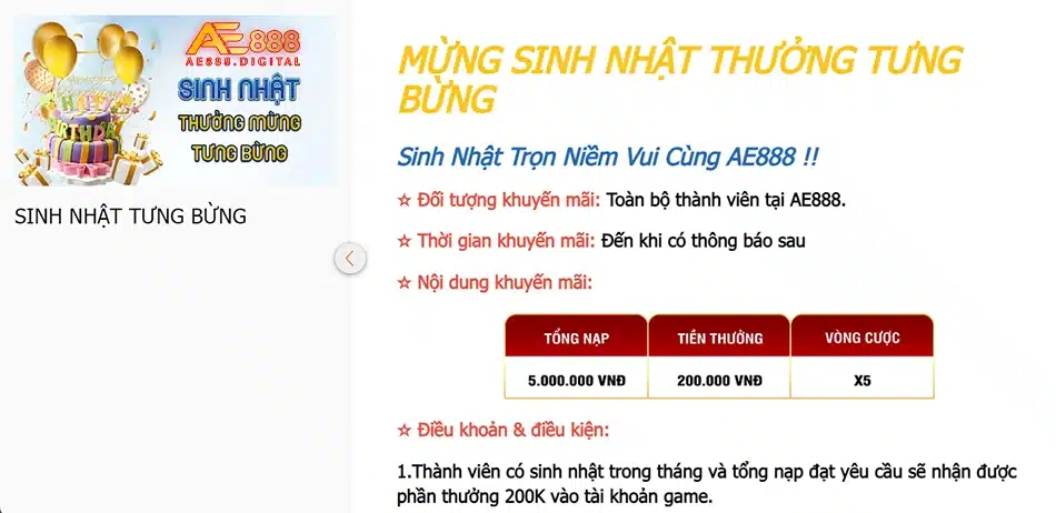 nhận ngay phần thưởng sinh nhật tại ae888
